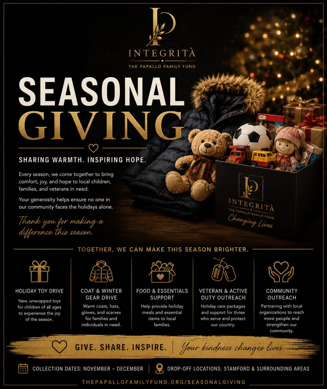 TPFF Seasonal Giving flyer: holiday toy drive, coat and winter gear drive, food and essentials support