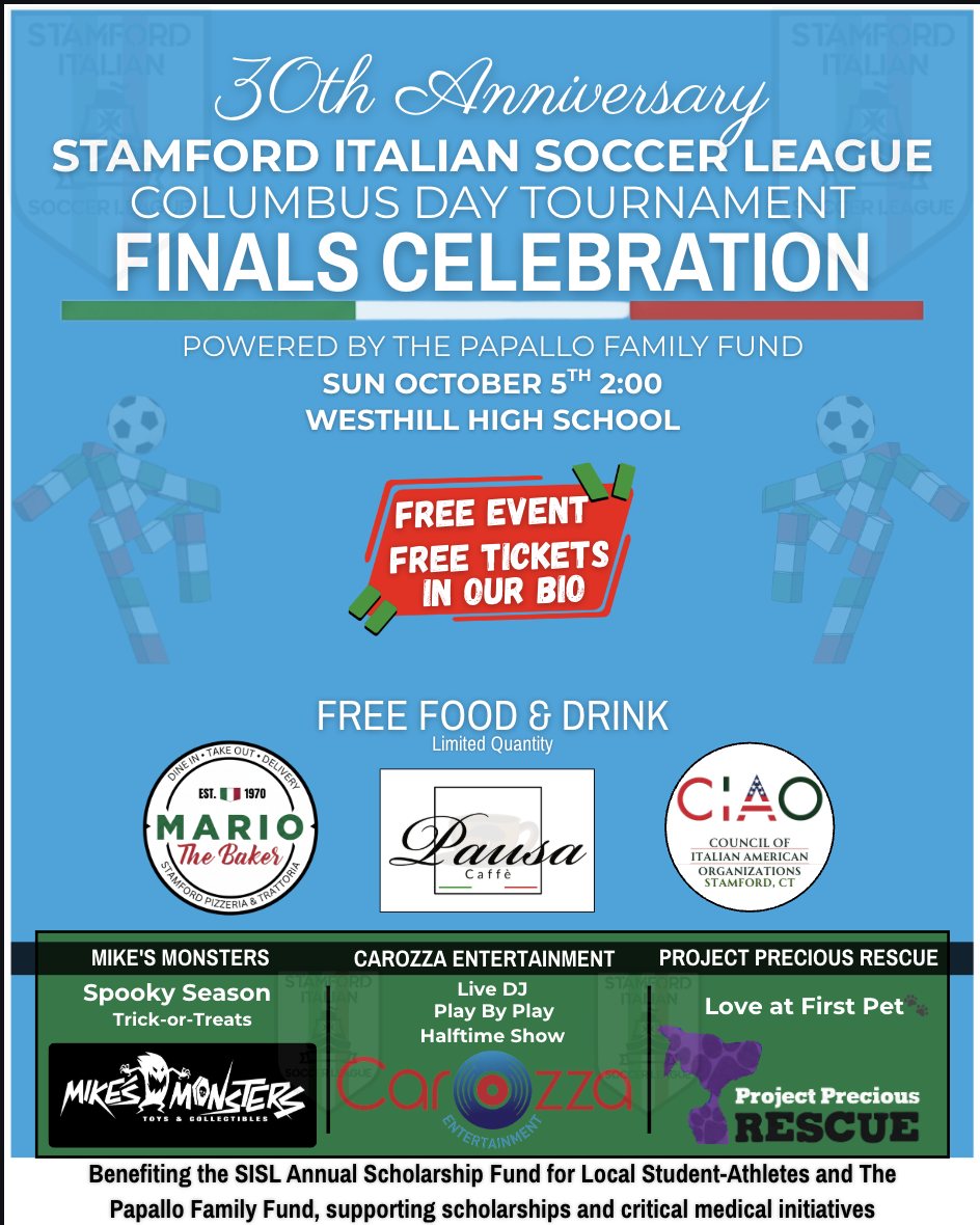 SISL 30th Anniversary Columbus Day Tournament Finals Celebration announcement