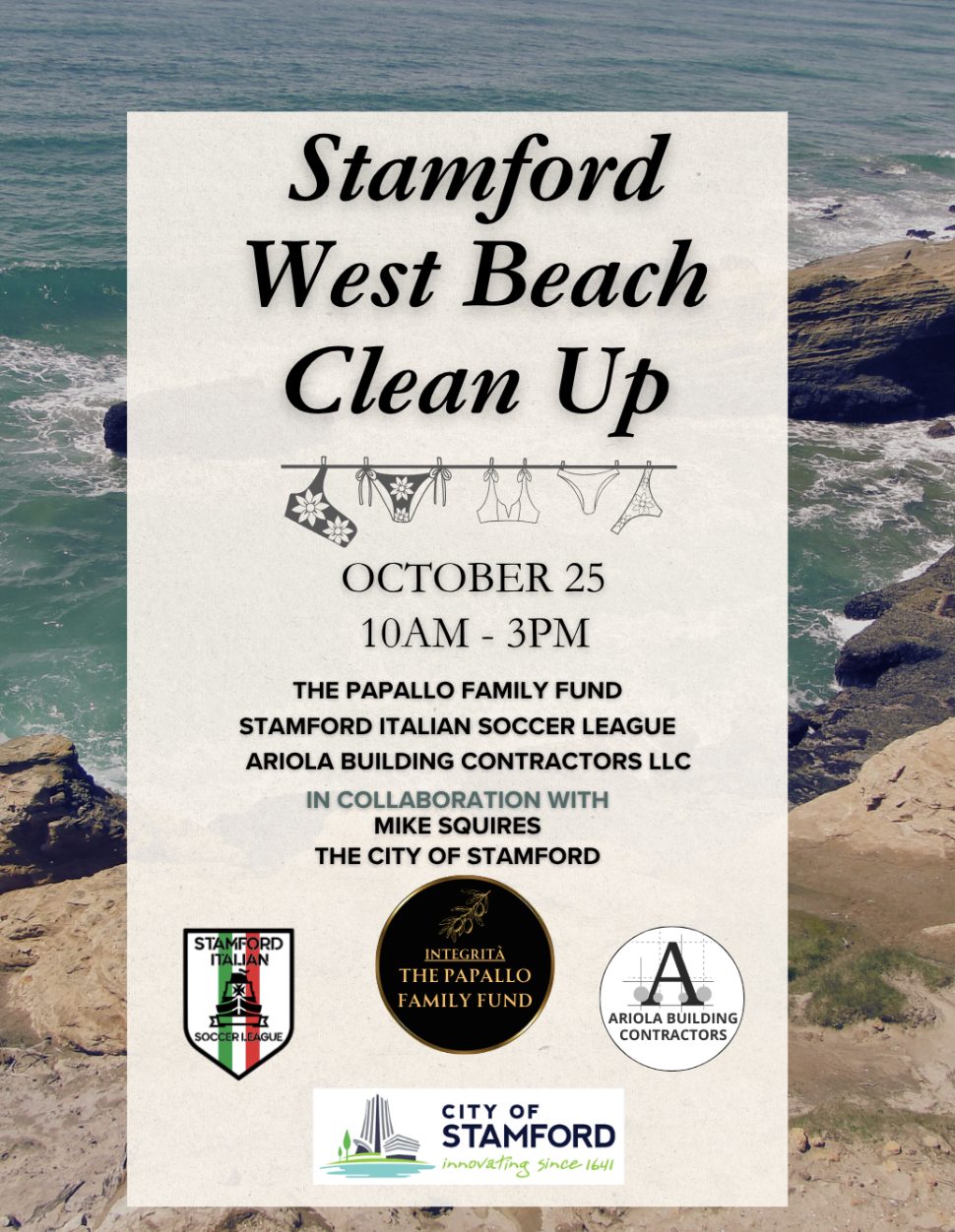 Stamford West Beach Clean Up flyer: TPFF, SISL, and Ariola Building Contractors in collaboration with the City of Stamford